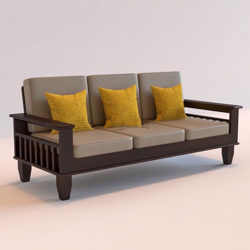 Image of Sheesham Wooden 3 Seater Sofa for Living Room | Rosewood 3 Seater Cushion Sofa with Side Newspaper Holder for Home & Office | Solid Wood Sofa Set for Lounge (-Walnut)