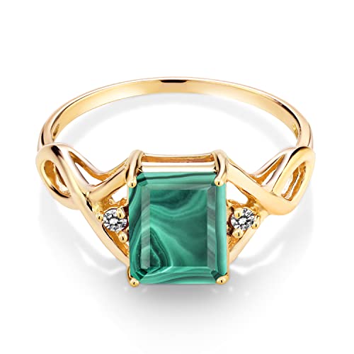 Gem Stone King 3.57 Cttw Green Malachite and White Diamond 18K Yellow Gold Plated Silver Ring for Women | Gemstone Birthstone | 9X7MM Emerald Cut | Available In Size 5, 6, 7, 8, 92