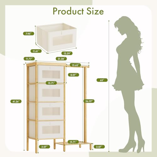 Image of Bamboo Dresser with Hanging Rack, 4-Drawer Small Closet Organizer for Bedroom, Tall Storage Tower with Clothes Rack, Natural Wood 41.4 inch H x 31.3 inch W-Space-Saving Design, Easy Assembly