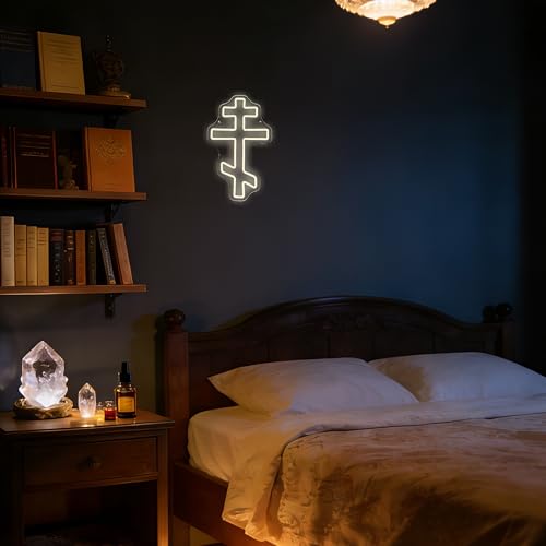 Image of Eastern Orthodox Cross Neon Sign, Christian Faith Neon Light LED Jesus Decor Sign, for Religious Wall Art Prayer Room Bedroom Living Room Sainthood Celebration Decor Birthday Gifts(14.1 * 8.6 In)