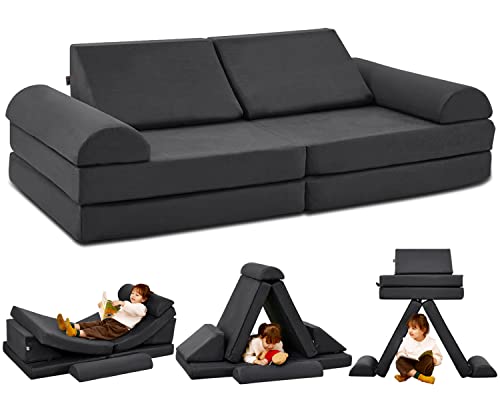 Image of jela Kids Couch Safety Certified Play Couch Soft Kids Sofa with Machine Washable Cover Thick Foam Fort Building Set for Playroom Indoor (57"x28"x18", Charcoal)