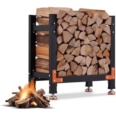 EFURDEN 2ft Firewood Rack, Heavy Duty Wood Rack with 4 Reinforced Metal Pieces for Fireplace Wood Storage, Indoor Firewood Rack with Adjustable Foot Pad