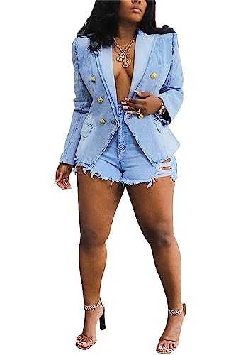 Women's Denim Casual Blazer Lapel Collar Open Front Slim Fit Work Office Jean Jacket Coat