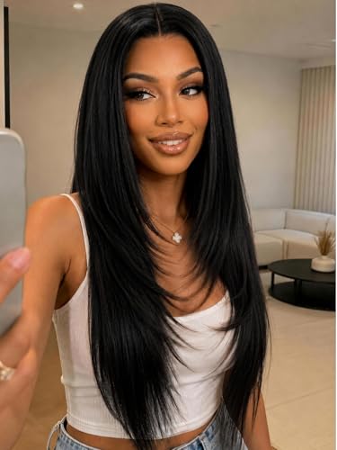 Sunber Glueless 13x4 Layered Cut Yaki Straight Wig Human Hair with Elastic Drawstring, Pre Cut HD Lace Front Wig Pre Plucked Bleached Knots, Ready to Wear Long Straight Wig 150% Density 24 Inch