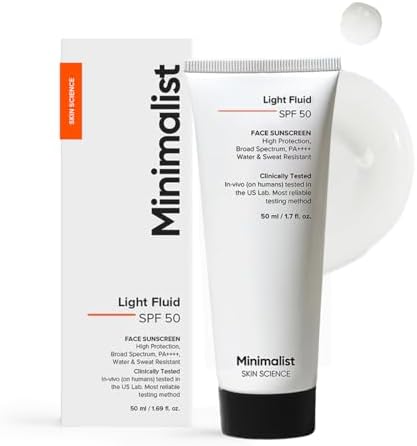 Minimalist Light Fluid Sunscreen SPF 50 for Oily Skin (PA++++) | Clinically Tested in US| No White Cast | Broad Spectrum | Lightweight, Water & Sweat Resistant | For Women & Men | 50ml