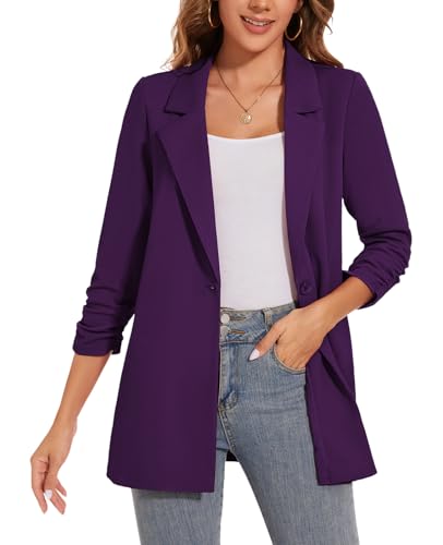 Women's Long Blazer Jackets Button Front Lapel Ruched 3/4 Sleeve Business Casual Office Work Lightweight Blazers