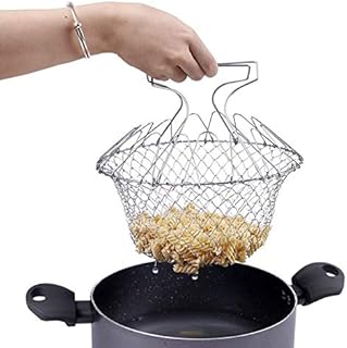 SacJkt Collapsible Colander, Foldable Frying Basket, Chip Basket for Frying, Stainless Steel Cooking Strainer for Filtering of French Fries and Other Foods