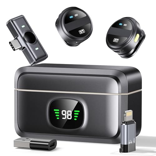 2 Pcs Wireless Lavalier Microphone for iPhone iPad Android with Charging Case 8-Hour Clip on Lapel Microphone Wireless for Video Recording,Vlogging,YouTube,Interview, 3 Mode Denoise, 70FT Connection