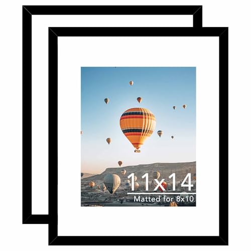 JCJMY 2 Packs 11x14 Picture Frames, Display 8x10 with Mat or 11x14 Without Mat, Black Gallery Wall Frame Set, 11 by 14 Frames Bulk Set of 2 Collage Wall Decor Photo Frames Set for Wall, Black