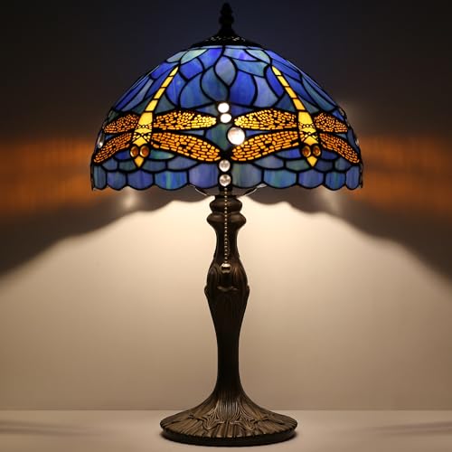 Image of Tiffany Table Lamp Stained Glass Reading Lamp Blue Dragonfly Style