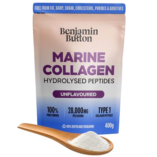 Benjamin Button Pure Marine Collagen Powder - Hydrolysed Peptides (Type I) from Wild-Caught Fish - Unflavoured 400g - Hair Skin Nail Joint & Bone Support - Halal Keto & Paleo Friendly