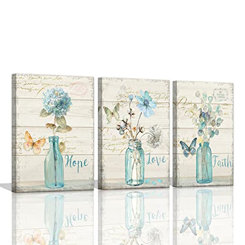 Flowers Pictures for Bathroom Decor Wall Art Butterfly Wall Pictures Floral Canvas Paintings Wall Art Faith Hope Love Quotes Inspirational Wall Art Still Life Farmhouse Bathroom Wall Decor 12x16inchx3