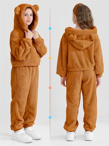2 Piece Girls Fuzzy Bear Ear Hoodie Sweatshirt and Sweatpant Warm Long Sleeve Fluffy Sweatsuit Kids Clothing Sets4