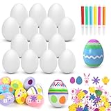 Wishstar Huevos de Pascua blanco 25 piezas, Huevos de Pascua de plástico de 6 cm, Huevos de plástico para pintar,Pegatinas de Pascua 80 piezas, 6 Pluma de Acuarela