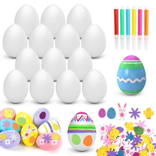 Wishstar 25 pcs Oeufs de Paques, Oeufs en Plastique,Peinture Oeuf de Paques,Livré avec 80 autocollants de Pâques et 6 pinceaux colorés,Peinture de...
