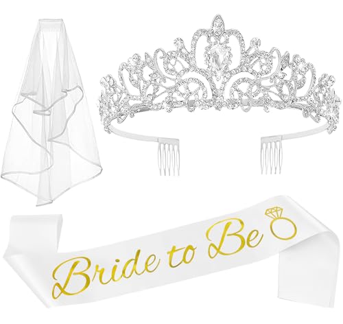 JETKONG 3 Pcs Bachelorette Party Decorations Bridal Shower Crown, Bride to Be Sash&Veil for Women Bachelorette Party Gifts, Bachelorette Party Supplies, Gifts, Favors (Silver)
