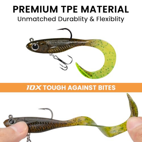 Image of TRUSCEND Duramax TPE Soft Fishing Lures with BKK Hooks, Easy Catch Curly & T-Tail for Trembly Sinking & Vibrating Swim, UV or Glow Effect for All Conditions, Pre-rigged Swimbait for Bass Trout Crappie
