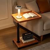 Dwupoziomowy Mobilny Stolik Pod Sofę, Stolik Boczny Na Kółkach Z Regulacją Wysokości I Kółkami Do Salonu, Sypialni, Biura, Uchwytu Na Laptopa(Color:naturalne drewno)