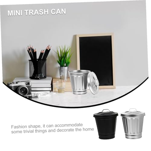Bote de basura de escritorio negro mini con tapa de hierro 2pcs miniatura 6