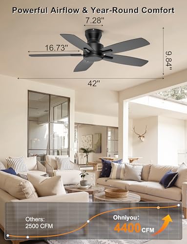 Ohniyou 42'' Low Profile Ceiling Fan No Light for Bedroom Kitchen, Black - image 2