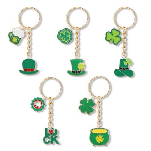 Boerni Lot de 5 porte-clés porte-bonheur pour la Saint-Patrick - Trèfle à quatre feuilles - Bijoux pour fête sur le thème du festival irlandais