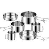 Juego de 6 utensilios de cocina de acero inoxidable para acampar con asas plegables, ollas portátiles y tazas para mochileros al aire libre, senderismo, picnics, diseño ligero apilable para grupos
