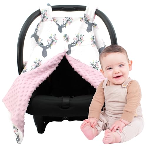 Image of Dear Baby Gear - 40x30 Car Seat Canopy, Infant Carrier Cover for Boys & Girls, Cozy Fall, Nursing & Stroller Use, Newborn Travel Sunshade Accessory, Antler & Flower, Pink Dot