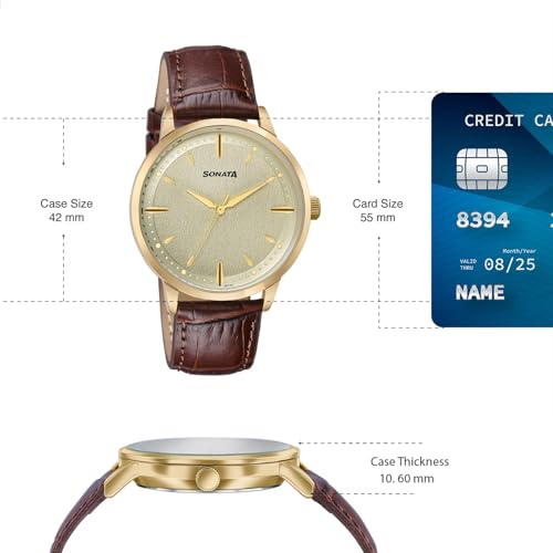 Image of Sonata Jashn with Quartz Analog Gold Dial Brown Leather Strap Men's Wedding Watch - 77208YL01