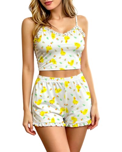 Cetieo Womens Pajama Sets 2 Piece Cute Ruffle Pjs Summer Lounge Tank Top Short Sets Loungewear (US, Alpha, Medium, Regular, Regular, duck-04) - image 1