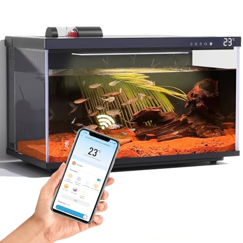 Aquário de Vidro 20 litros Bivolt com Autolimpeza, Filtro, Luz, Alimentador Automático, Display de Temperatura e APP Inteligente para Peixes, Camarões, Plantas, Água Doce e Salgada