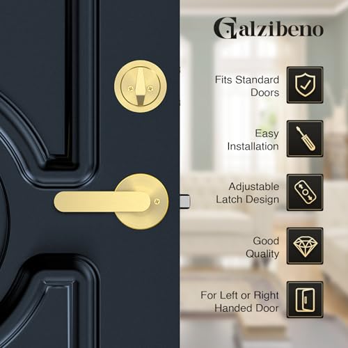 Image of Front Door Lock Set, Gold Front Door Handle and Deadbolt Set, Vintage Exterior Door Lock Set, Front Door Handle with Single Cylinder, Reversible for Right & Left, Satin Brass
