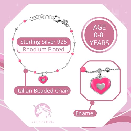 Image of UNICORNJ Sterling Silver Kids Bracelet for Girls Heart Butterfly Charm Enamel Hand Painted | Made in Italy | Bead Chain 6.25 inch