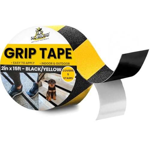 Grip Tape - Heavy Duty Hazard Tape Roll - Black and Yellow 2in x 15ft. Waterproof, Non Skid Tape for Stairs &amp; Ramps. Yellow Caution Floor Tape for Indoors/Outdoors. Friction Tape Covers 5 Stairs.