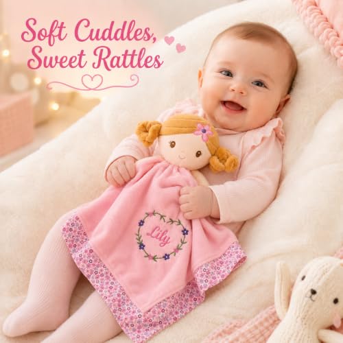 Image of June Garden Personalized Baby Girl Lovey Blanket Lily - 15 inch x 15 inch Plush Comforter with Rattle Doll Head, Custom Name Embroidery Security Blanket with Toy Attachment Strap