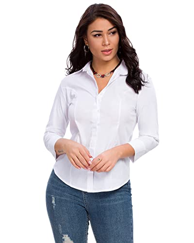 Womens Button Down Shirts Official Formal 3/4 Sleeve White Stretch Blouse Summer Dress Shirt #TOP4