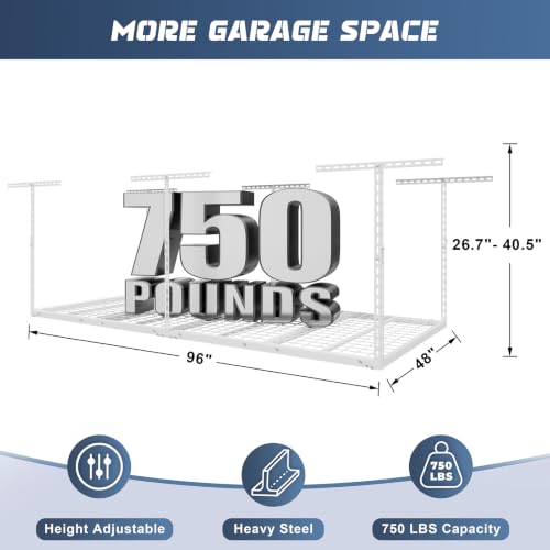 Image of Jusgym 4X8FT Overhead Garage Storage Rack, 26 inch-40 inch Height Adjustable Garage Ceiling Storage Racks, Heavy Duty Metal Overhead Storage Organizer System, 750LBS Weight Capacity, White