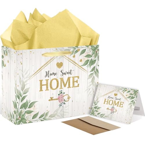 RTMISA House Warming Gift Bag with Tissue Paper and Greeting Card New Home Gifts Wrapping Paper Bag, Housewarming New Apartment Present Wrap Sweet Home Decorations Supplies, Sage Green
