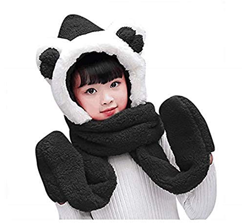 IPENNY Kids Toddlers Winter Warm Cartoon Plush Hat with Scarf Pocket Gloves Hoodie Earflap Hat 3 in 1 Set