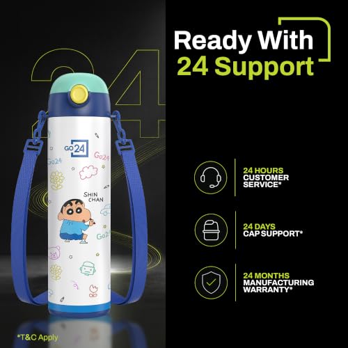 Image of Go24 pexpo Crayon Shinchan ISI Certified Stainless Steel Water Bottle for School Kids - 500ml | 2-Year Warranty |3 Layer Insulation |Hot & Cold Vacuum Flask | 4+ Years | Denim Blue Little Artist