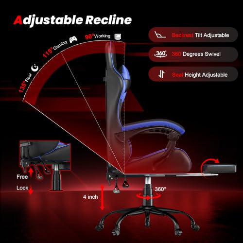 Image of Gaming Chair with Footrest, Ergonomic Video Game Chair with Headrest and Lumbar Support, 400 lbs Adult Chair, Height Adjustable 360 Swivel High Back Reclining Computer Chair for Home Office (Blue)