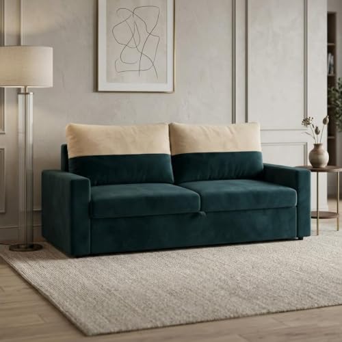 Image of SOCOZI Enrique 2 Seater Sofa Cum Bed | Soft Velvet Suede Fabric | Modern Convertible Design | Plush Comfort Seating for Living Room (Tealish Green)