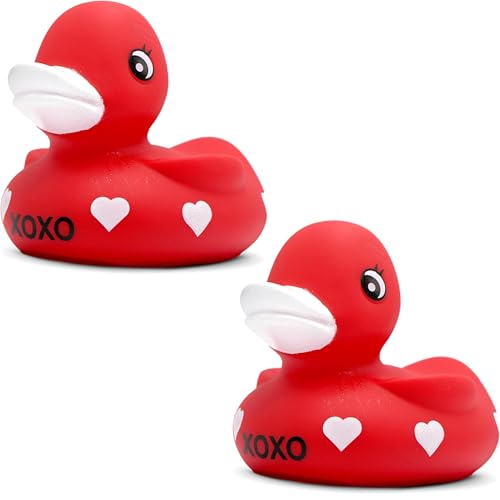 4E's Novelty 3' Valentines Rubber Duck - 2 Pack Large Red XOXO Sweetheart Ducky for Romantic Decoration, Jeep Ducking, Bath Toy, Cake Topper, Party...