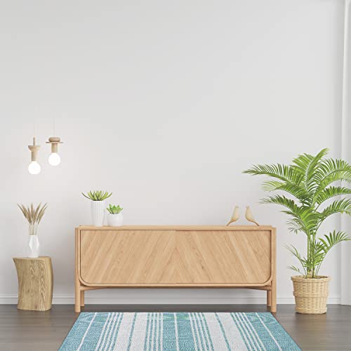 Asraie Hand Woven Cotton Striped Rag Rug | Cotton Reversible Rugs | Recycled Cotton Area Rug For Living Room Kitchen Entryway 2X3' (Turquoise & White) #TOP5