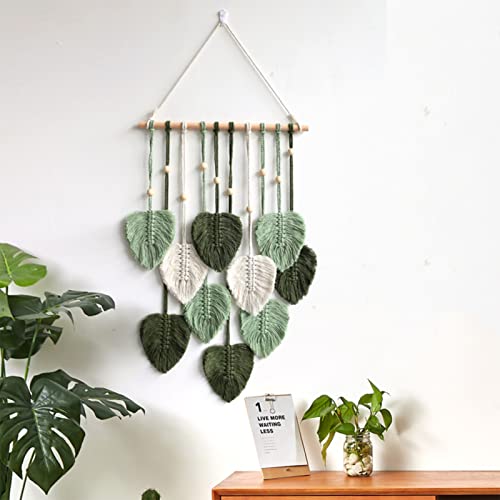 EXQUILEG Makramee Wandbehang Handgemacht Wohnungs Dekorationen Boho Makramee Wandteppich Gewebte Wandbehang Blatt Feder Wanddeko (Armeegrün), 90 x 40 cm – Bild 4