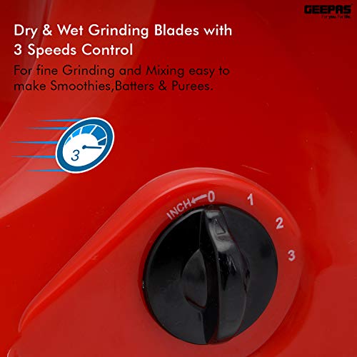 GEEPAS 750W 3-in-1 Mixer Grinder | Stainless Steel Jars & Blades | 3 Speed Control, Perfect for Chutney, Dry & Wet Fine Grinding Mixing | Overload Protection | Powerful Motor | 2 Year Warranty, Red