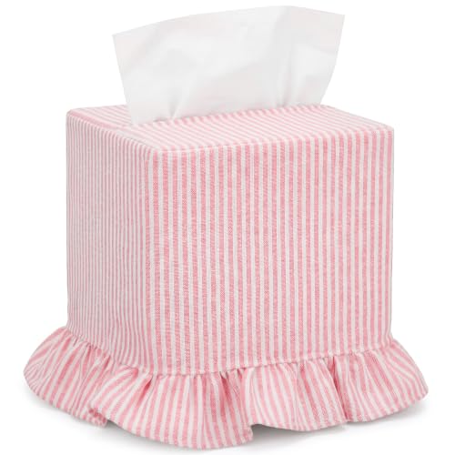 Sawysine Pink White Striped Fabric Tissue Box Cover Boho Ruffled Square Napkin Holder Soft Romantic Cozy Fall Winter Household Decor Sleeve for Home Bedroom Bathroom Kitchen Office Indoor Decor