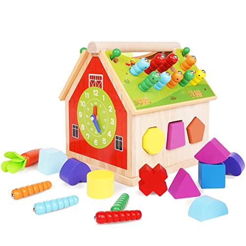 Iwutefet Wooden Activity Cube Shape Sorter Box Montessori Toys 4 In 1 Busy House Activity Center For Toddlers To Develop Fine Motor Skills With Bug Catch Game - Kids Early Learning Educational Toy #TOP5