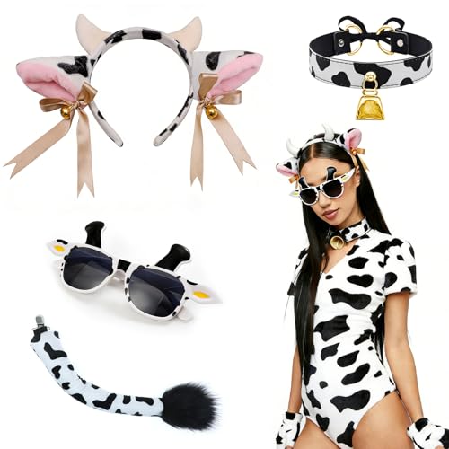 QingWing 4 pièces Ensemble de Costume de Vache, Serre-Tête de Taureau avec Clochette, Collier, Lunettes de Vache, Queue en Peluche, Ensemble Costume Animal, pour le Carnaval, le Cosplay