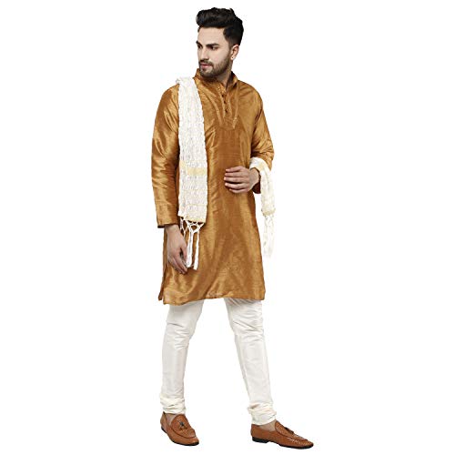 Image of SKAVIJ Men's Art Silk Embroidered Kurta Pyjama Scarf Set 3-Piece Woven Design Festive Party Dress