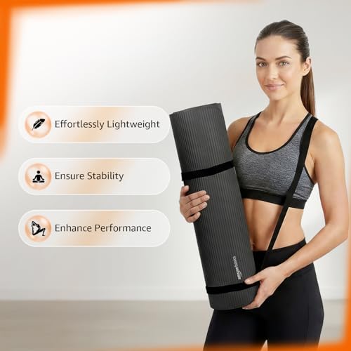 Image of Amazon Basics NBR Yoga & Exercise Mat with Carrying Strap | 15 mm Extra Thick Cushioned Support | Non-Slip Textured Surface | Durable Foam Rubber Material | Floor Protection | Ideal for Yoga, Pilates & Home Workouts | 183 x 61 cm | Black
